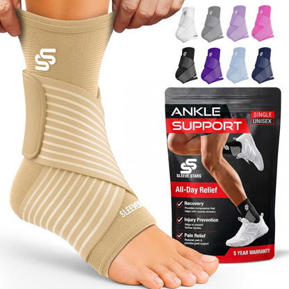 Sleeve Stars Ankle Brace for Women & Men, Ankle Wrap for Sprain, Compression Sleeve for Plantar Fasciitis Relief, Easy Customizable Support: w/ Removable Strap (Single/M:10"-12"/Black)