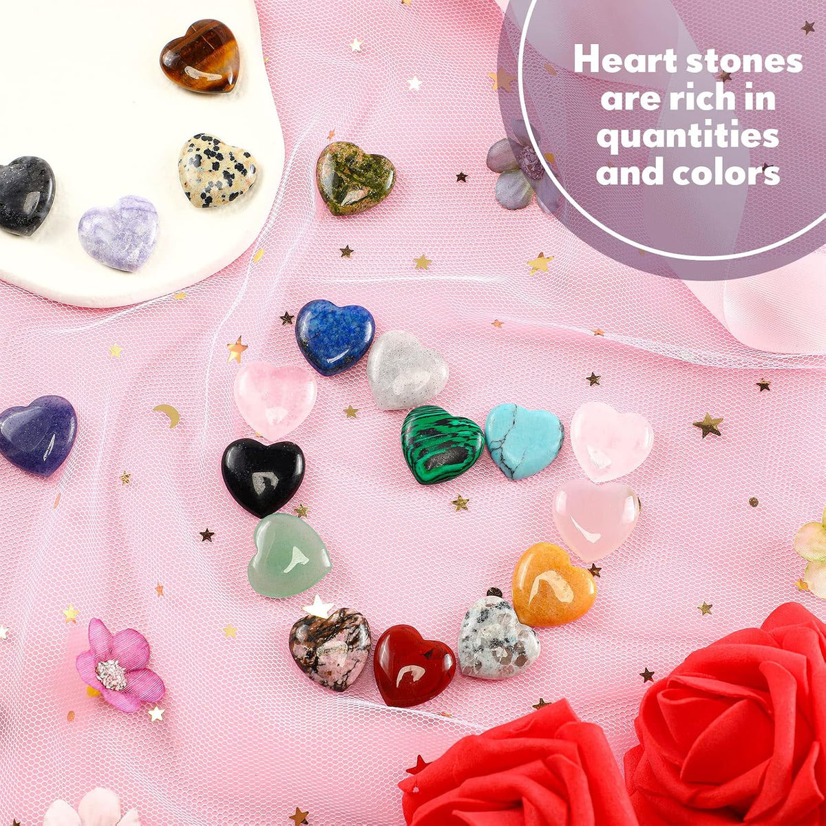 Nuenen 72 Pcs Heart Worry Healing Stone 0.8 in Polished Crystal Chakra Gems