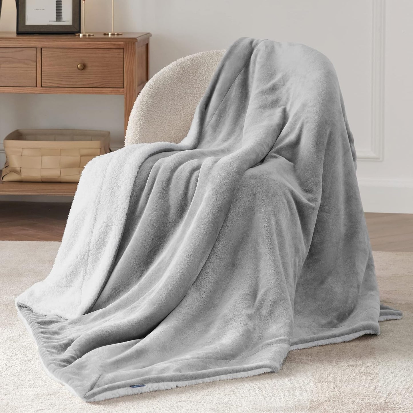 Bedsure GentleSoft Sherpa Fleece Throw Blanket for Couch, Non-Heated, Thick & Warm Cozy Blanket for Winter, Soft Fuzzy Plush Throw Gifts for Women and Men, Grey, 50x60 Inches