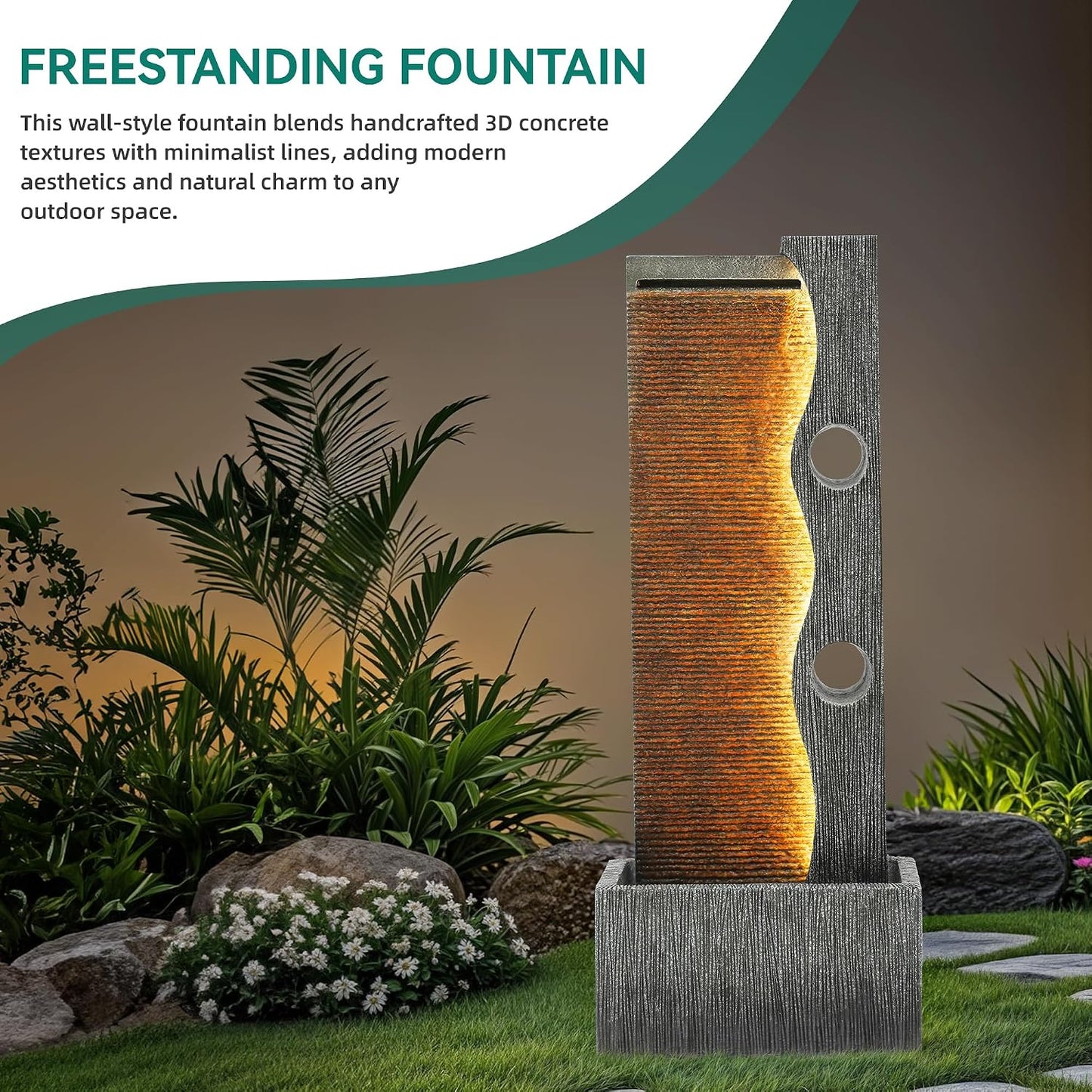 19.5" H 4-Tier Indoor & Outdoor Water Fountain with LED Lights | Resin Pebble Textured Tabletop Cascading Water Feature, Relaxing Decor for Patio, Porch, Deck, Yard & Home