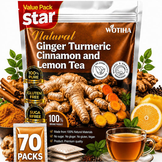 WOTIHA 70 Count Premium Turmeric Ginger Cinnamon lemon Tea Bags - 100% Natural High-Concentration Blend, Supports Healthy Inflammation & Digestion, Caffeine-Free, Additive-Free, Non-GMO, Vegan