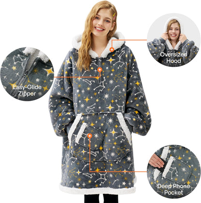 Giggling Getup Wearable Blanket Hoodie for Adults Gifts for Teen Girls Sister Women Sherpa Fleece Printed Hooded Blanket Sweatshirt Warm Cozy with Pocket & Sleeves Beige Cat