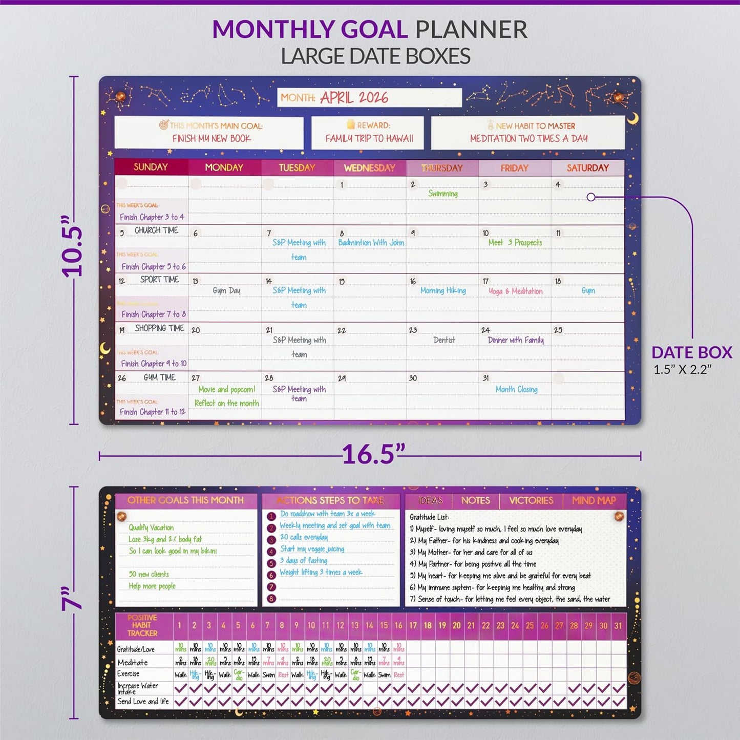 Magnetic Whiteboard for Fridge - Large Dry Erase Calendar for Wall | 2 Magnetic Dry Erase Board 10.5" x 16.5" & 7" x 16.5", Monthly Goal Setting & Habit Tracker, 5 Markers and 6 Adhesive Hooks