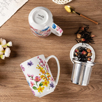 GBhome Tea Mug with Infuser and Lid, 18 Ounce Large Ceramic Loose Leaf Cup, Microwave, Dishwasher Safe, Perfect for Tea Lovers