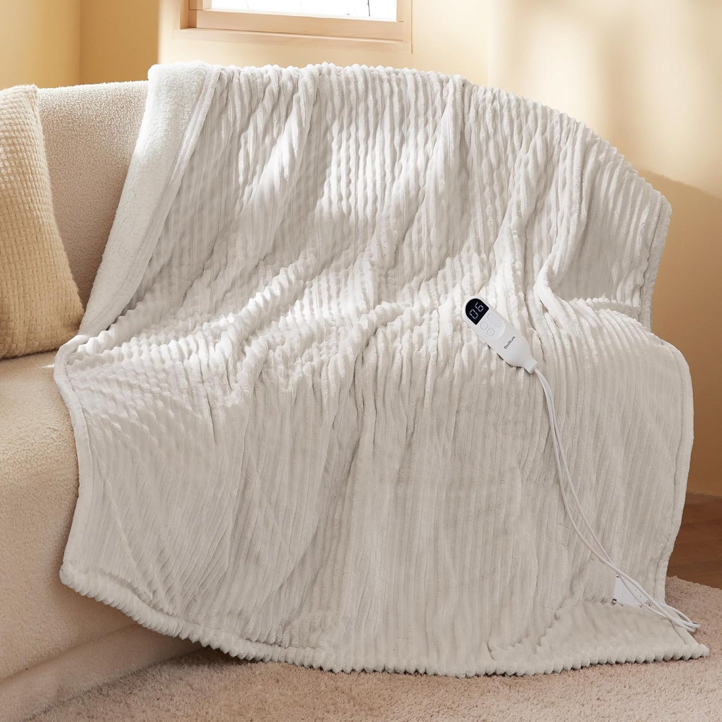 Bedsure GentleSoft Heated Blanket Throw - Soft Ribbed Flannel Electric Blanket, Gifts for Grandma (50x60 inches, Grey)