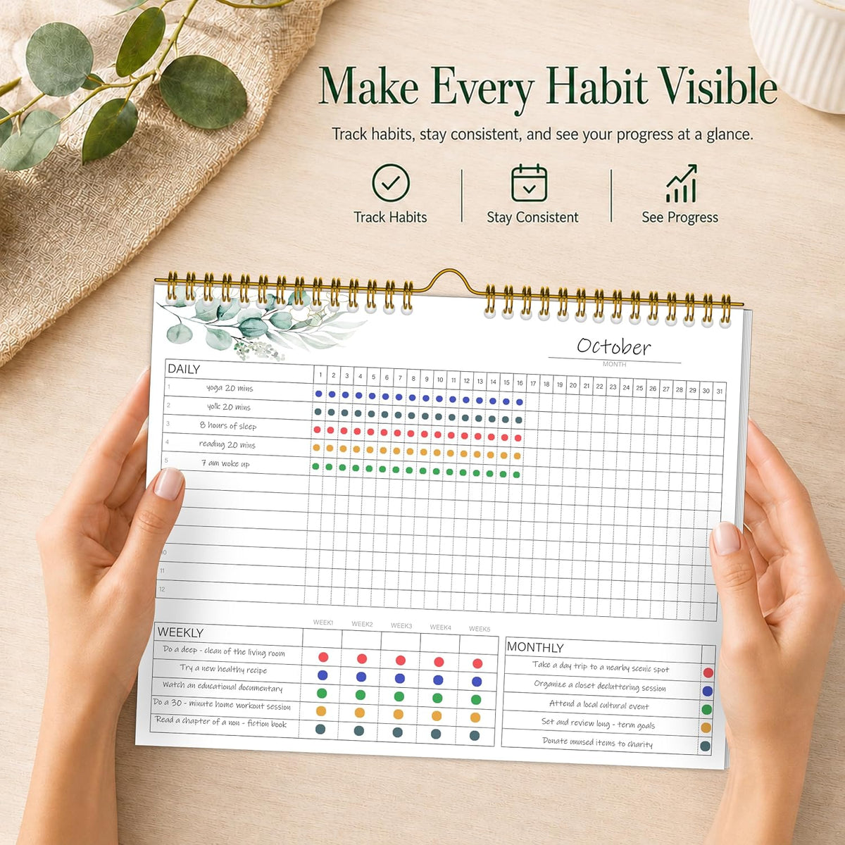 Habit Tracker Calendar Undated for Daily, Weekly & Monthly, 8" x 10" (Pink)