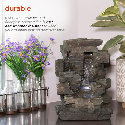 Alpine Corporation 13" Tall Indoor Tabletop Water Fountain, 4 Tier Cascading Water Feature with LED Lights for Home, Office, Living Room, or Zen Decor, Gray