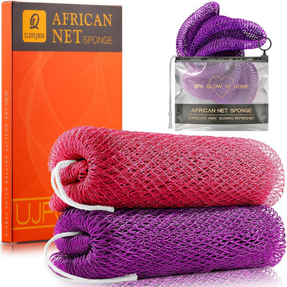 UJFQBH 3 Pieces African Bath Sponge African Net Long Net Bath Sponge Exfoliating Shower Body Scrubber Back Scrubber Skin Smoother,Great for Daily Use (Pink,Yellow,Purple)