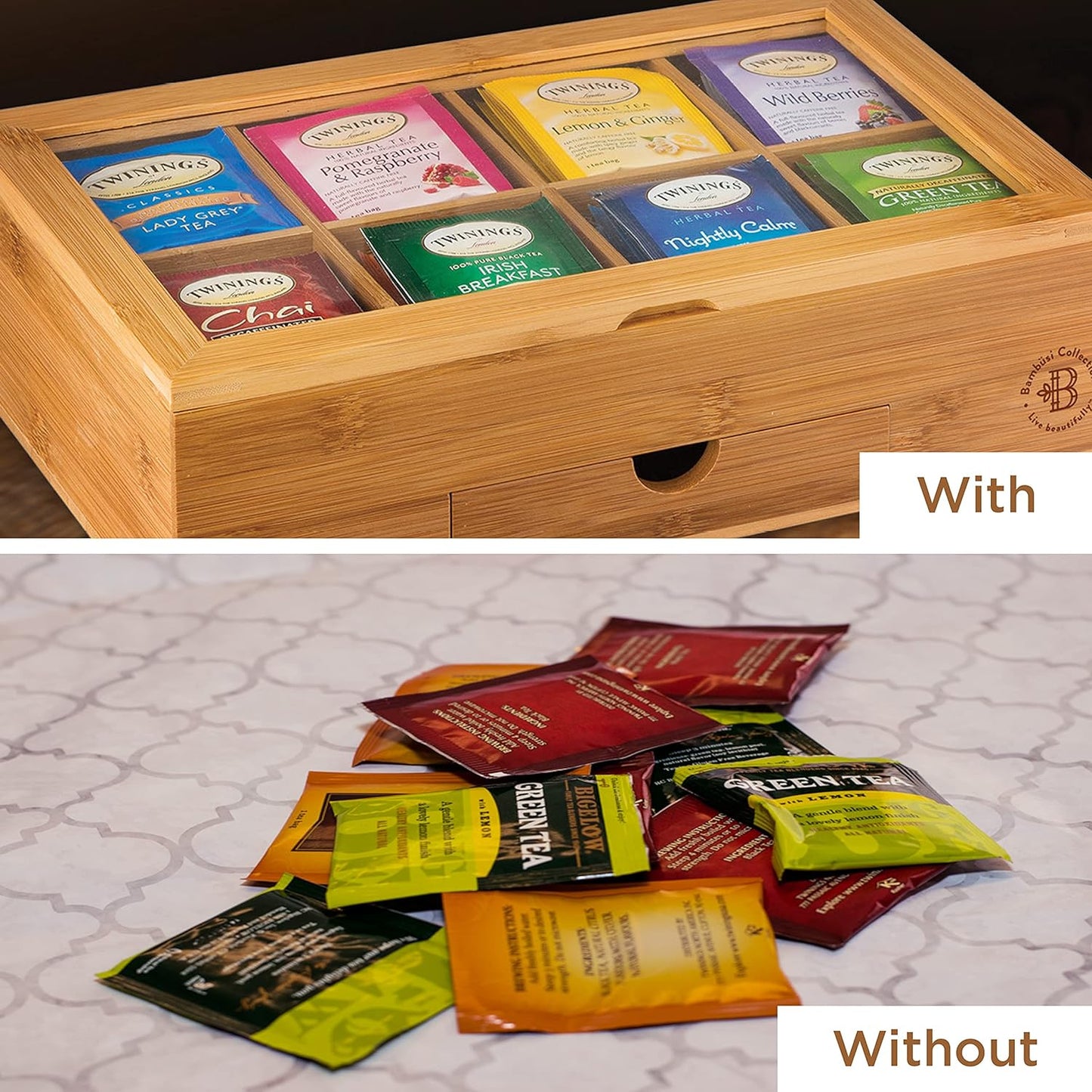Tea Bag Organizer with Drawer - Bamboo Tea Box Organizer, 8-Compartment Tea Storage Box with Acrylic Lid and Magnetic Closure, Tea Box for Kitchen Counter, Gifts for Mom, Wife, Tea Lovers (White)