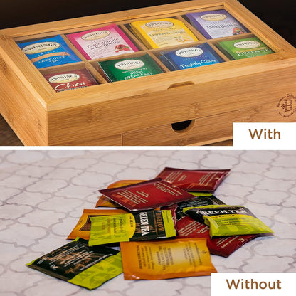 Tea Bag Organizer with Drawer - Bamboo Tea Box Organizer, 8-Compartment Tea Storage Box with Acrylic Lid and Magnetic Closure, Tea Box for Kitchen Counter, Gifts for Mom, Wife, Tea Lovers (White)