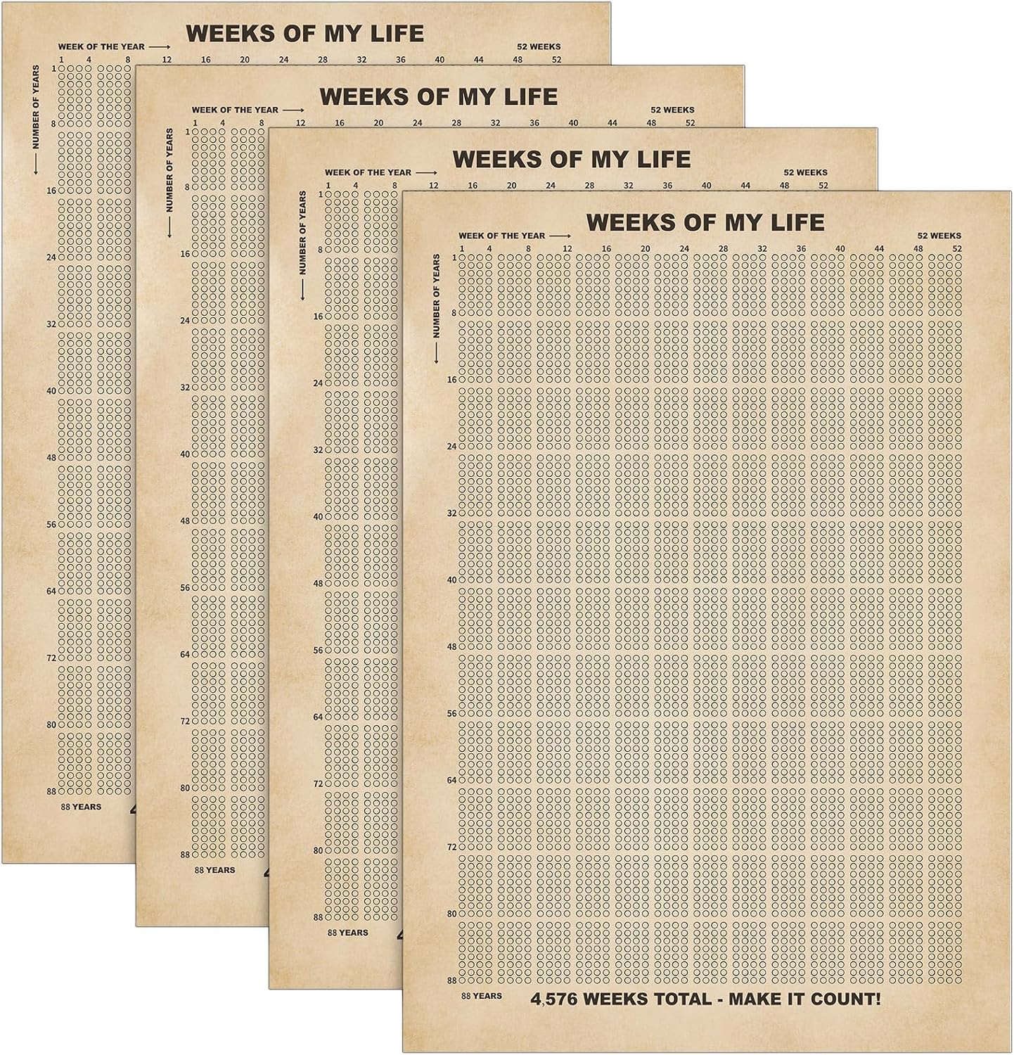 Outus 4 Pieces Weeks of My Life Calendar Memento Mori Poster Wall Decor Motivational Quotes Art 4576 Weeks Lifetime Poster for Habit Tracker Home Decoration