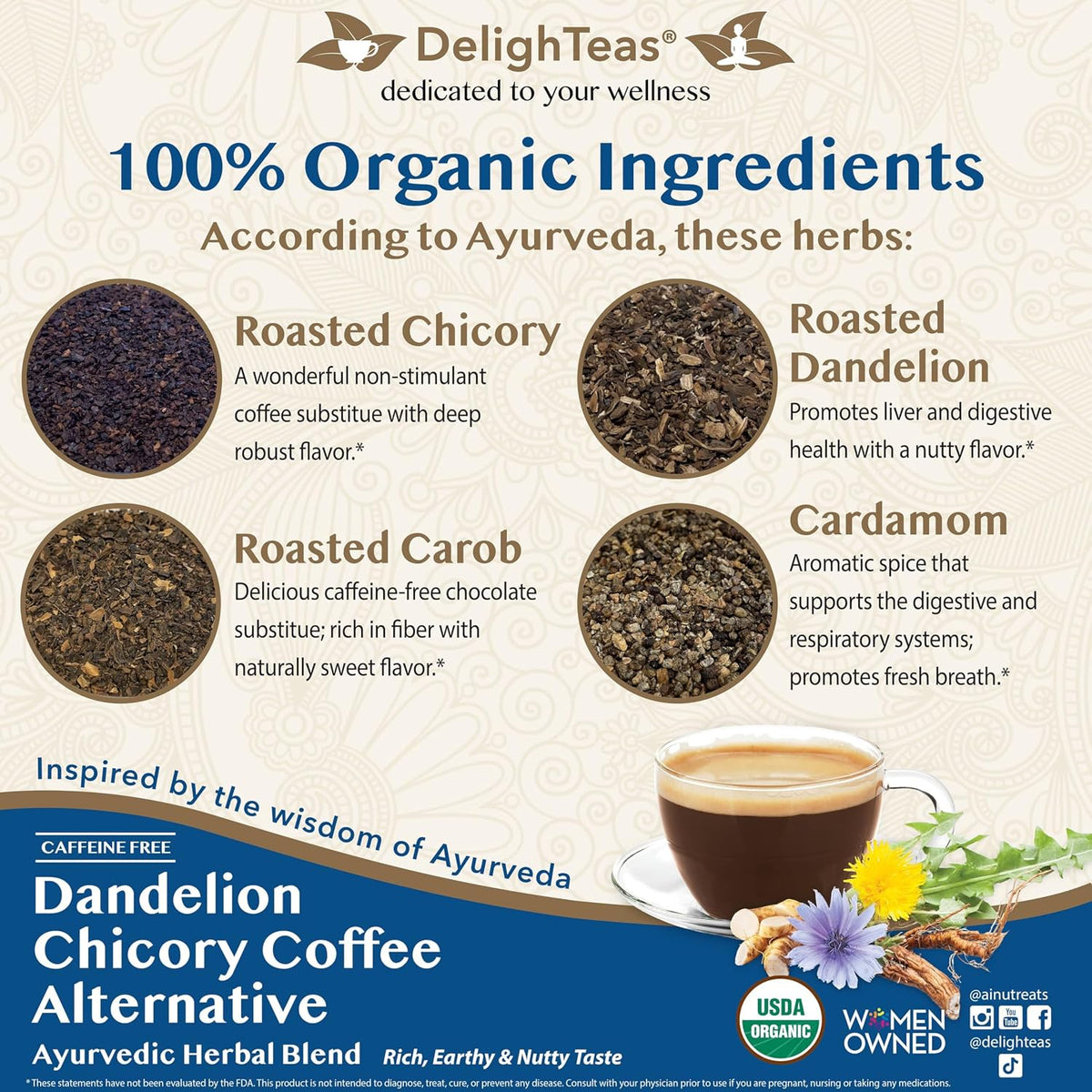 DelighTeas Organic Masala Chai Powder | Caffeine free, Unsweetened, Vegan, Keto | Ayurvedic Digestive Support blend for Chai Spice Tea | 100 Servings, 4oz
