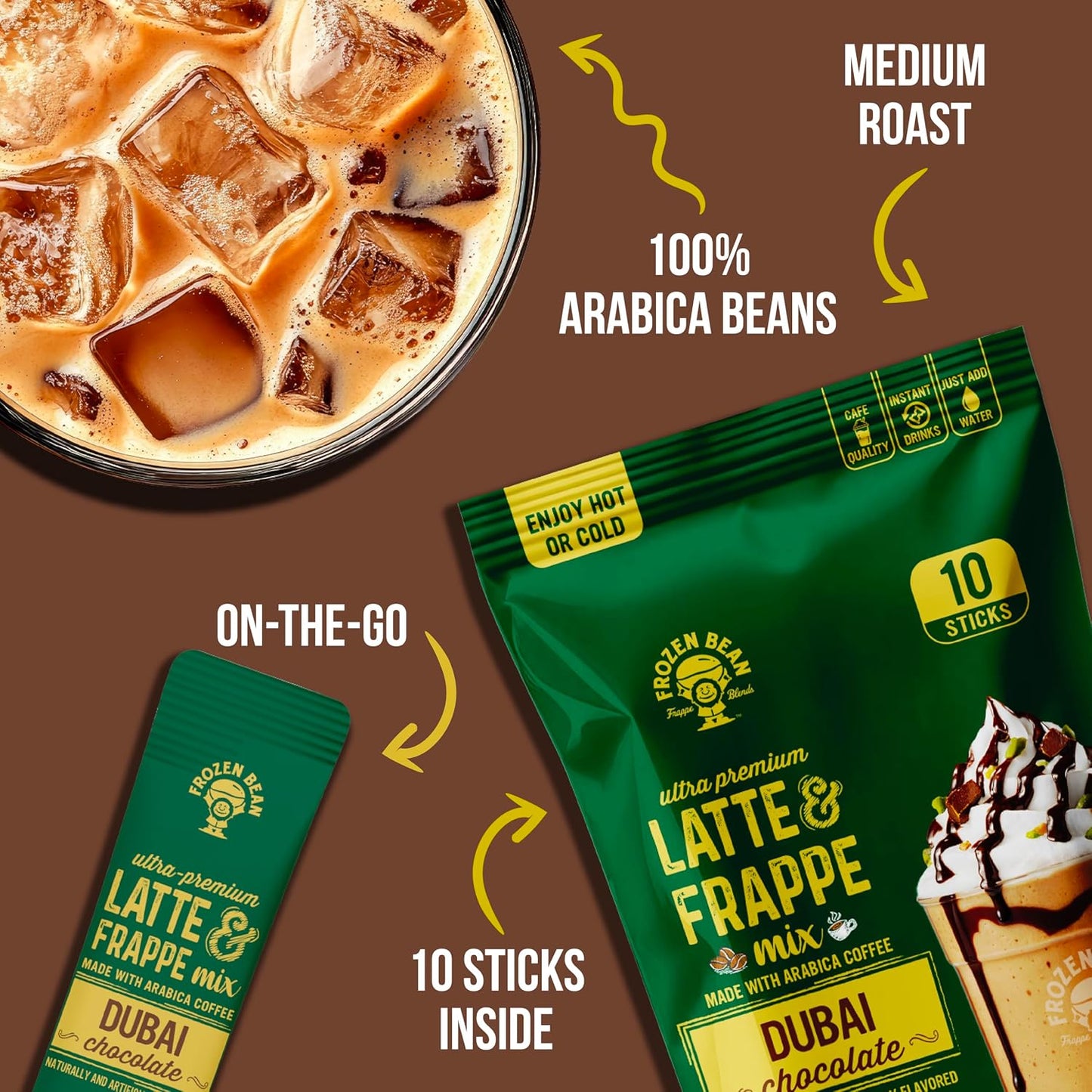 The Frozen Bean Vanilla Bean Frappe & Latte Instant Mix (10 Sticks), Made with Arabica Coffee, Double Shot Caffeine, Low Sugar & Premium Ingredients, Hot, Iced, or Blended Drinks