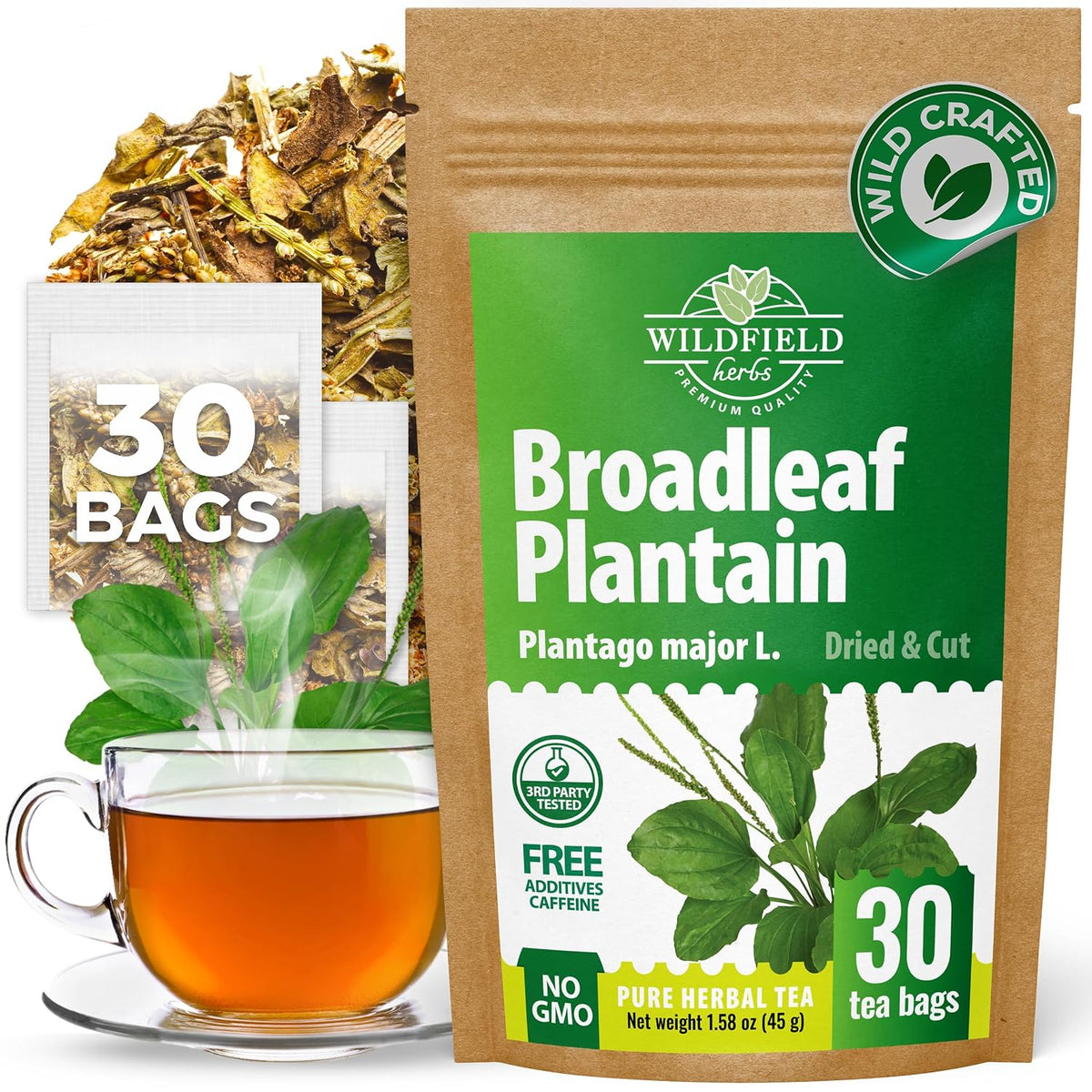 30 Bags Plantain Leaf Herb Tea Dried Plaintains Leaves (Plantago Major) - 30 Count 2g Tea Bags Greater Broadleaf Plantain Leaf Llanten