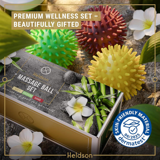 HELDSON® 3 Spiky Massage Balls Set [Soft, Medium, Hard] - Foot Roller Massager Spikes - Spike Trigger Point Ball for Back Pain Relief & Feet - Plantar Fasciitis Deep Tissue Therapy - Spikey Pressure
