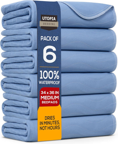 Utopia Bedding Washable Underpads 34" x 36" (Pack of 4), Waterproof Reusable Heavy Absorbency Incontinence Bed Pads for Adults, Kids, Elderly and Pets, Bedwetting Pads for Sofa and Couch (Blue)