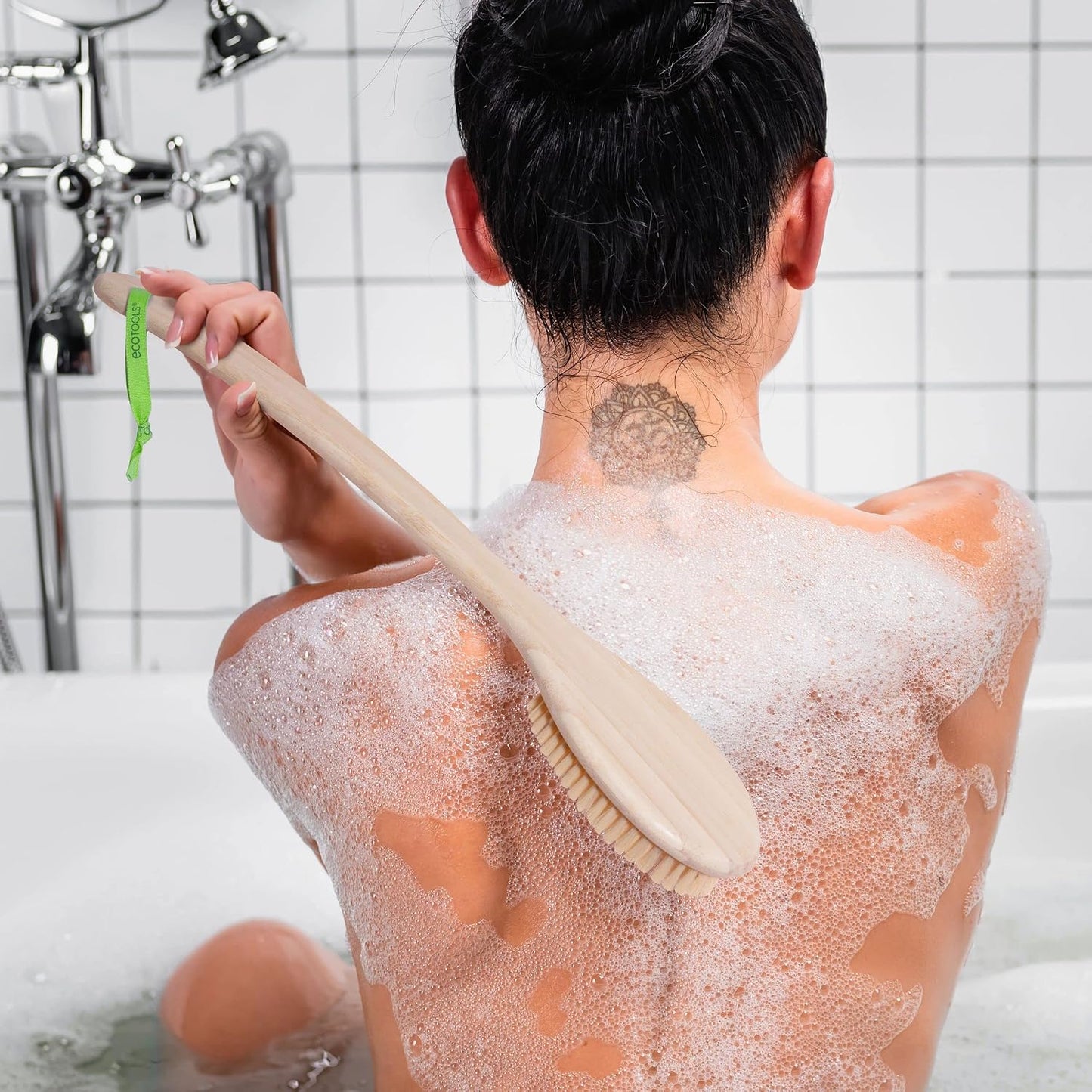 EcoTools Bath Bristle Brush, Bath Brush with Long Handle, Cleanse Back & Hard-to-Reach Areas, Eco Friendly Shower Brush for Exfoliating, Cruelty Free Nylon Bristles, Vegan, 1 Count