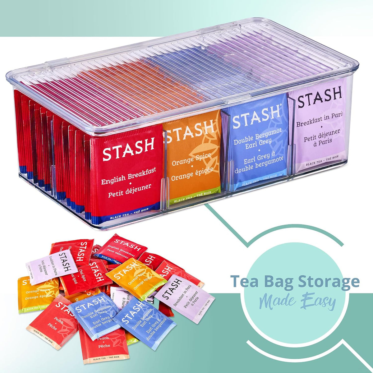 Sorbus Tea Bag Organizer, 2-Pack Clear Bins with Removable Dividers