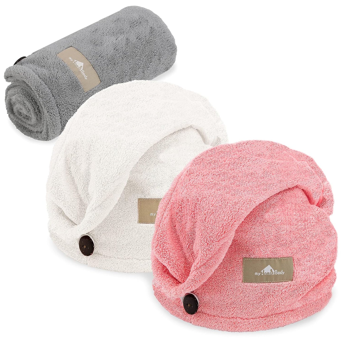 myHomeBody Hair Towel Wrap, Luxury Quick Drying Turban, Ultra Soft Absorbent Charcoal Fiber Cap, with Coconut Shell Button – Gray