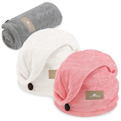 myHomeBody Hair Towel Wrap, Luxury Quick Drying Turban, Ultra Soft Absorbent Charcoal Fiber Cap, with Coconut Shell Button – Gray