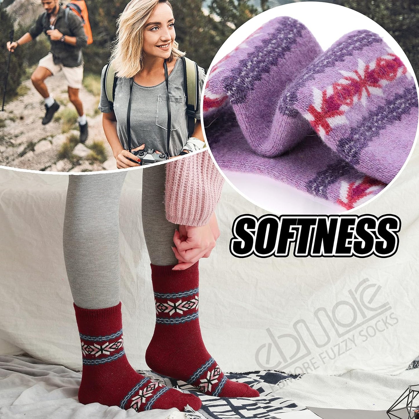 EBMORE Merino Wool Socks for Women Hiking Thermal Warm Winter Thick Boot Cozy Crew Comfy Work Socks for Ladies 5 Pairs