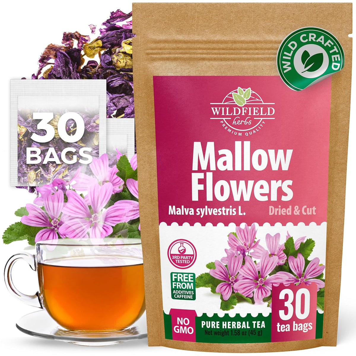 30 Bags Mallow Flowers Herbal Tea (Malva Sylvestris) - 30 Count 1.5g Bags Dried Mallow Flower Herb Tea
