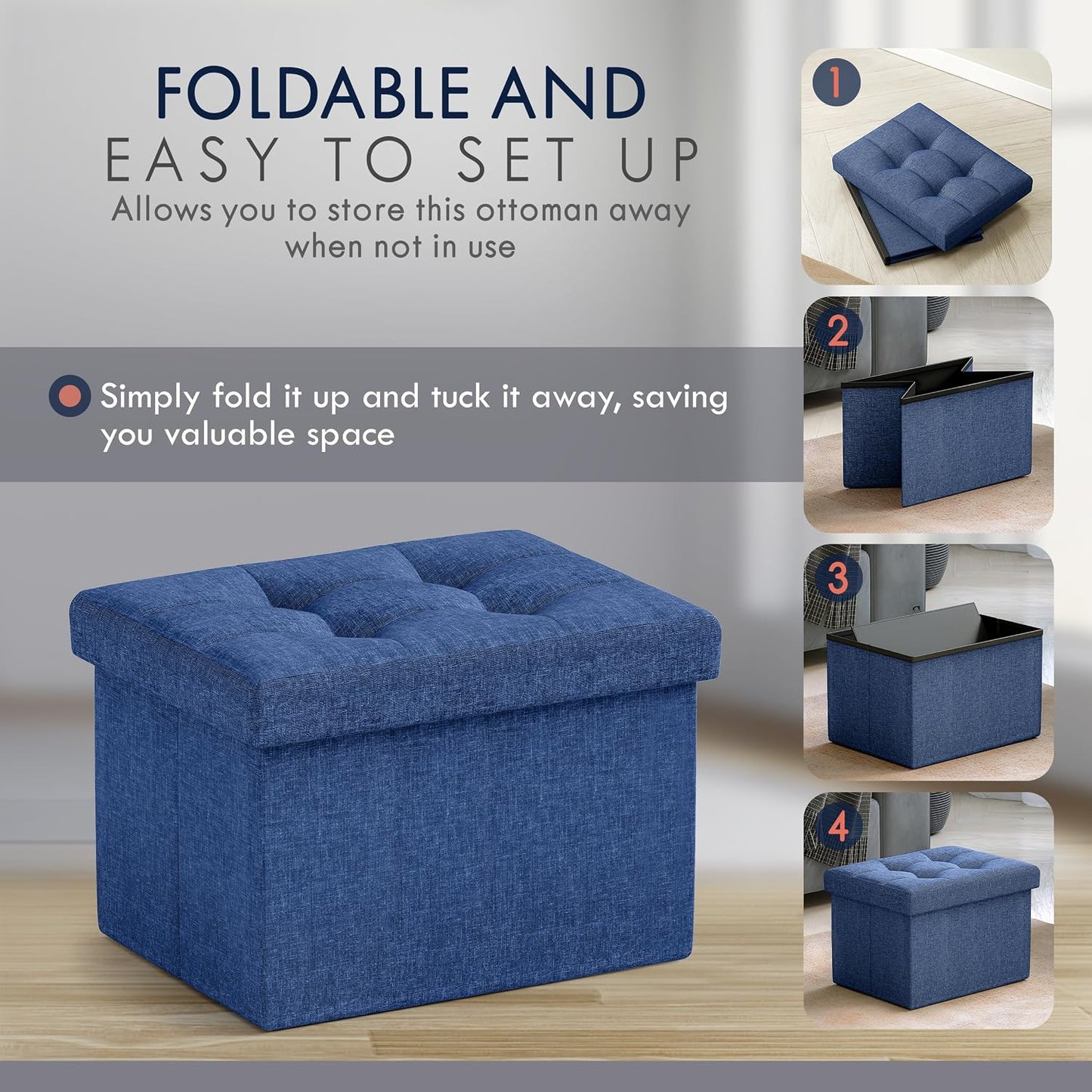 Ornavo Home Small Storage Ottoman Foldable Collapsible Rectangle Linen Ottoman Foot Rest Stool Seat, for Living Room, Bedroom, Home Office, Dorm - 12 x 16 x 12, Black