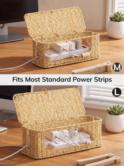 Cable Management Box, Cord Organizer with Lid & Cable Ties - Brown, L