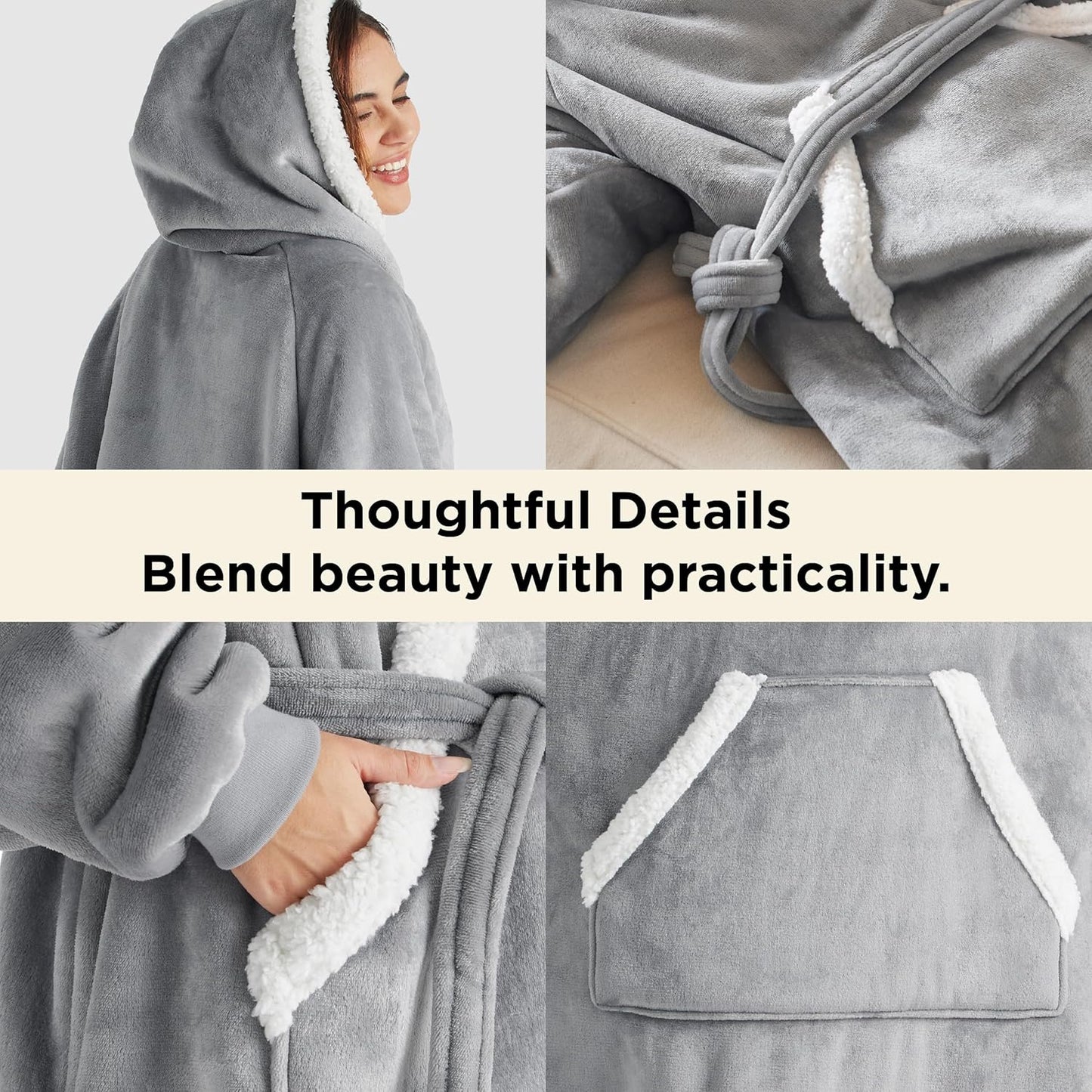 Bedsure Wearable Blanket Hoodie, Long Hooded Blanket Sweatshirt as Mothers Birthday Gifts for Women, Cozy Sherpa Hoodie for Adult, Standard, Grey