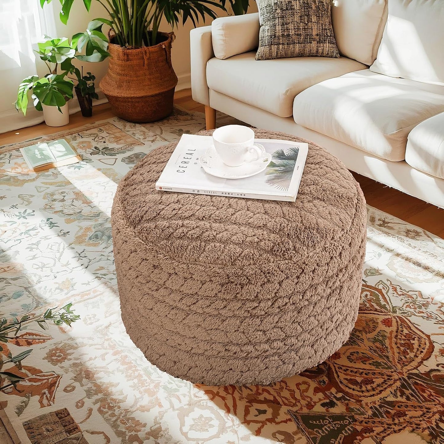 Round Pouf Ottoman 20 x 20 x 14 Inches Boho Poof Home Decor Floor Pouffe Ottoman Foot Rest for Couch Sofa Bean Bag Chairs Living Room Bedroom (Green)