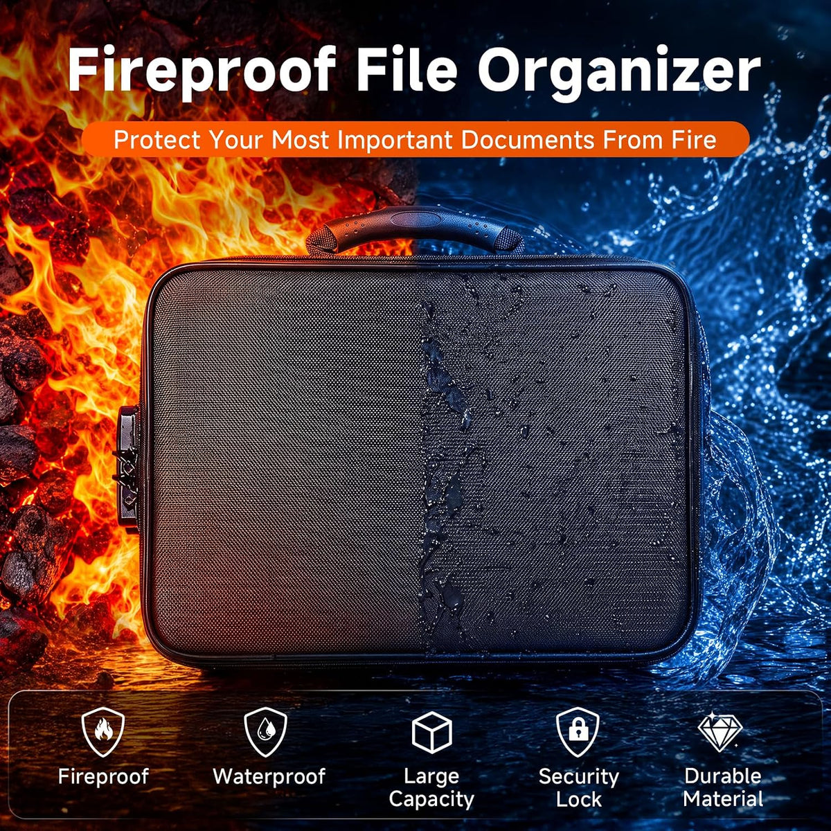 Fireproof Document Box With Lock, 16 Pocket Document Organizer