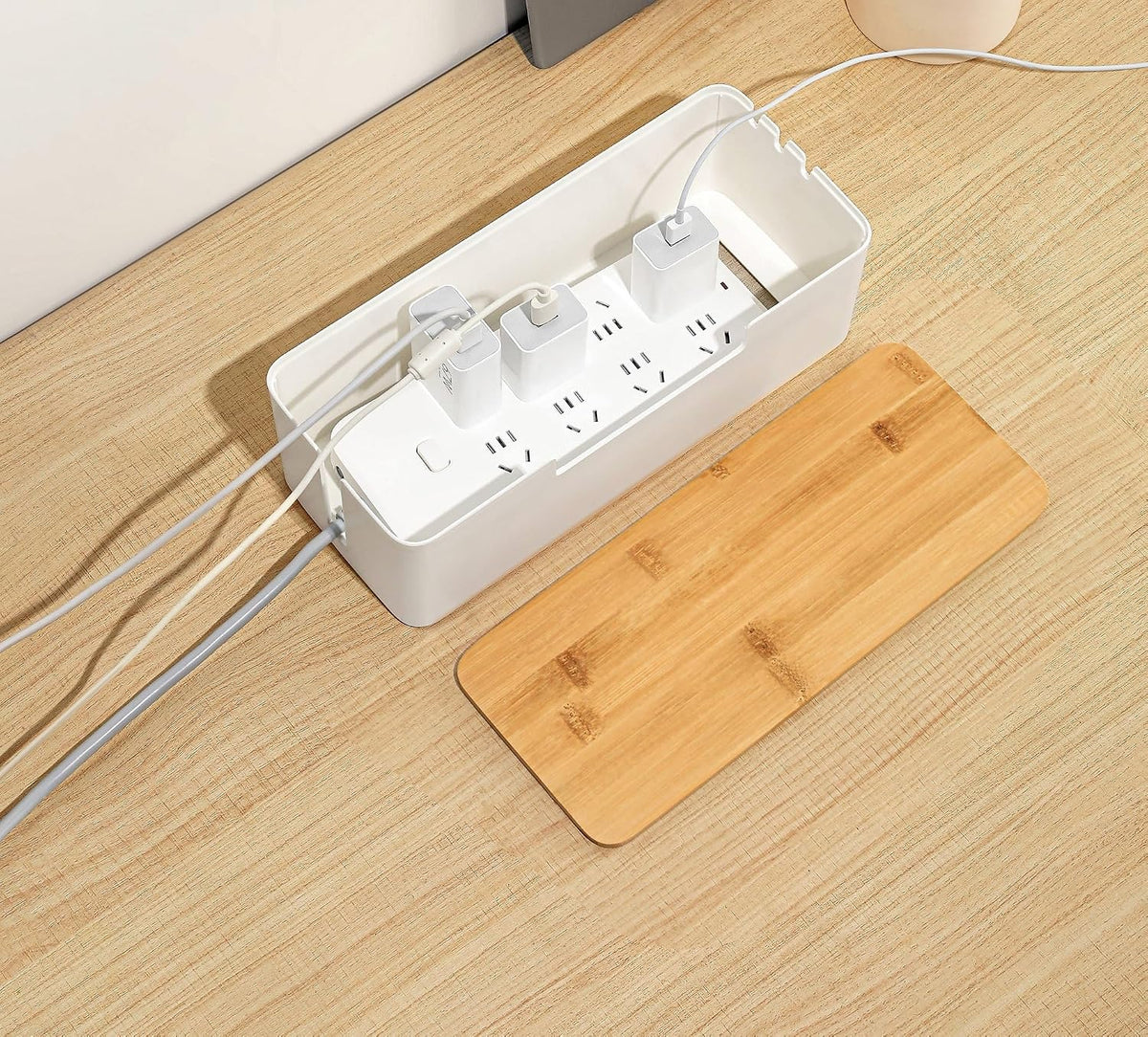 Cable Management Box, Cord Organizer Box with Bamboo Lid, White