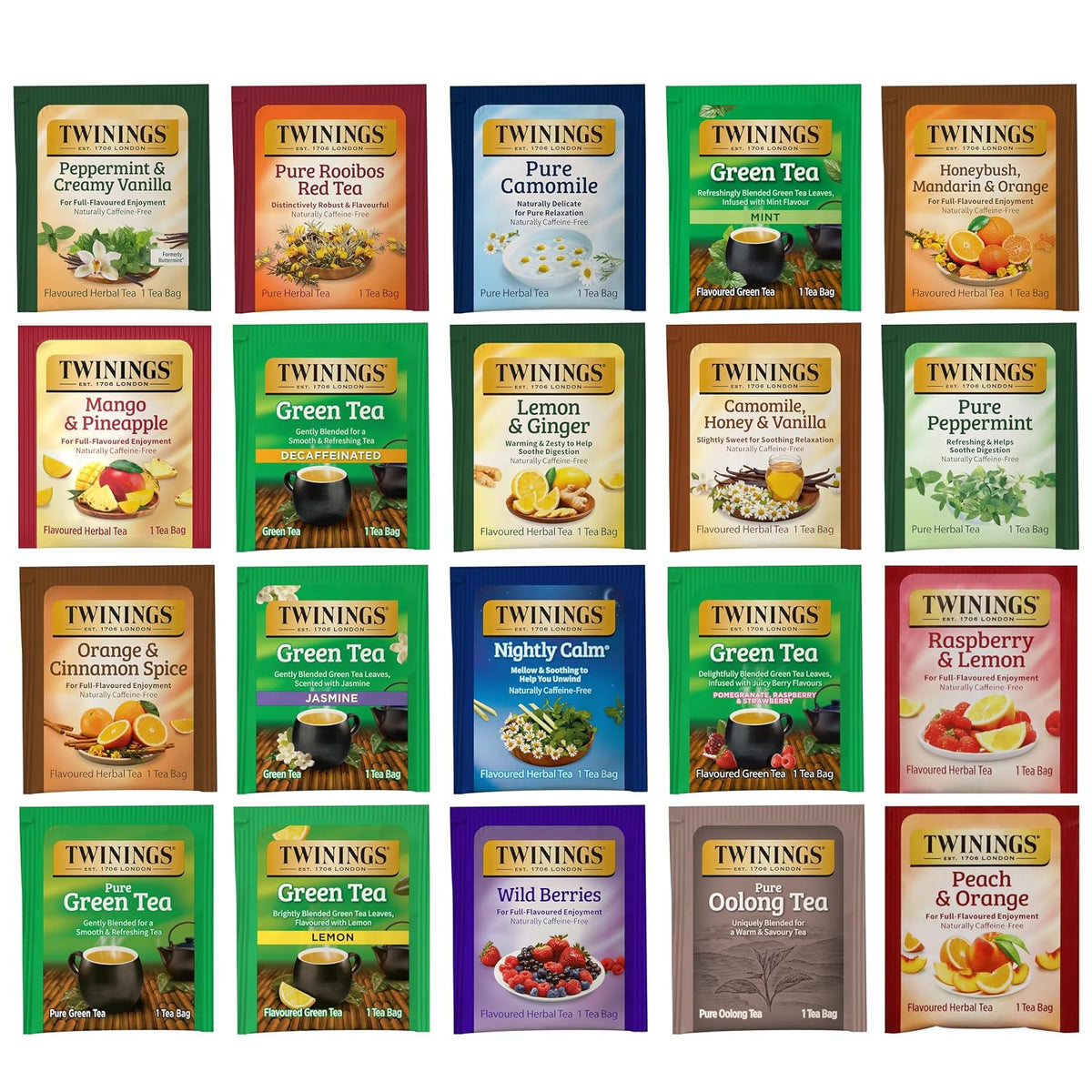 Twinings Herbal and Green Tea Bag Sampler, Assortment Variety Pack (20 Count) 20 Different Flavours for Tea Lovers: Her, Him, Women, Men, Couples, Family, Friends, Coworkers