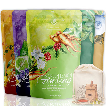 Gardenika Organic Loose Leaf Tea Sampler - Herbal Caffeine-Free Set - Ayurvedic Blend, KSA Kosher, No Natural or Artificial Flavors (5 Pack)