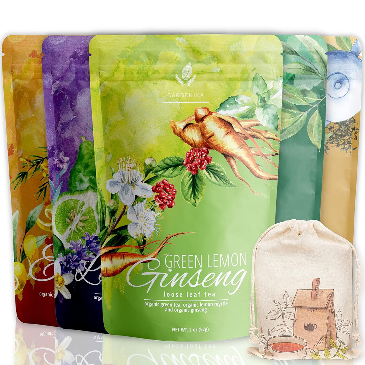 Gardenika Organic Loose Leaf Tea Sampler - Herbal Caffeine-Free Set - Ayurvedic Blend, KSA Kosher, No Natural or Artificial Flavors (5 Pack)