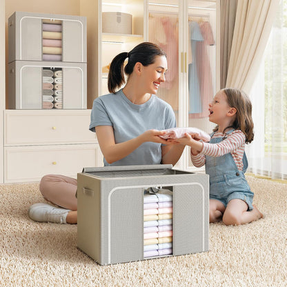 Clothes Storage Bins with Metal Frame Foldable Storage Box Clothes Organizers Storage Containers for Clothes Sheets Blankets Books Toys Gifts and Holiday Decorations (66Lx3 Pack)