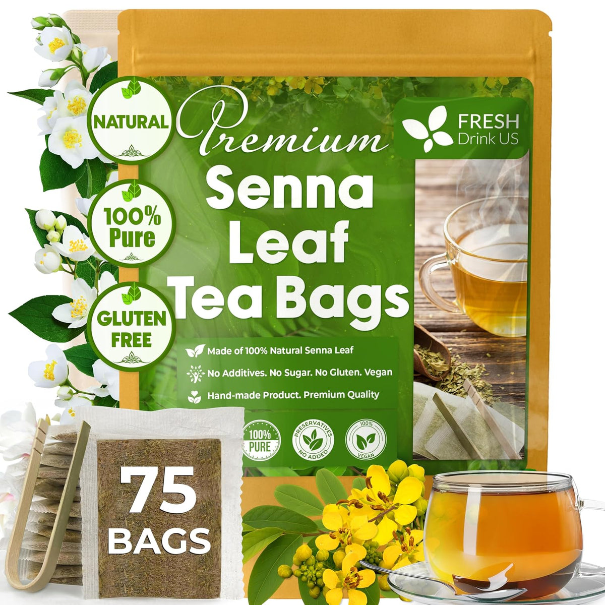 FreshDrinkUS, Premium Senna Leaf Tea Bag, 75 Count, Pure, Caffeine Free
