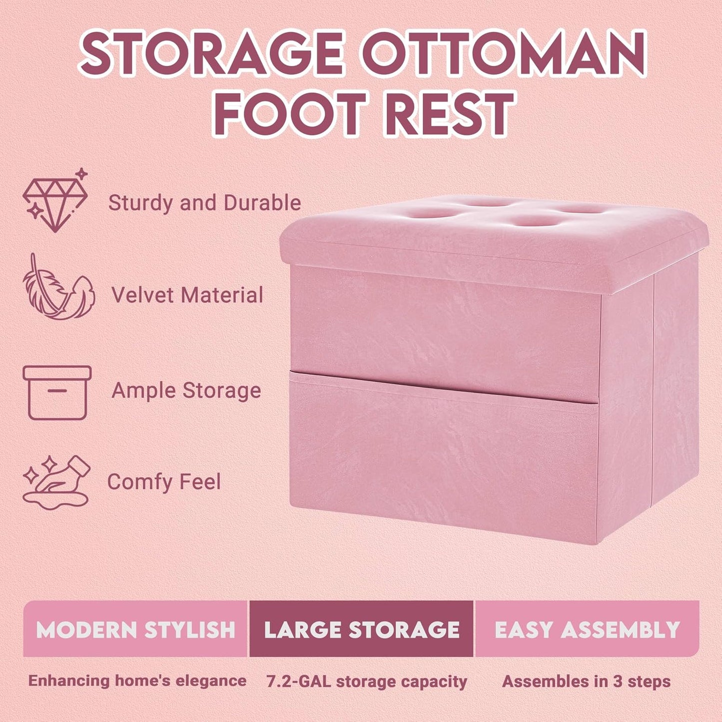 Zoes Homeware Small Storage Ottoman Foot Rest, Velvet Ottoman with Storage and Side Pocket, Black Foot Rest for Couch, Foldable Footstool for Chair, Living Room&Dorm, 16"x12"x12"