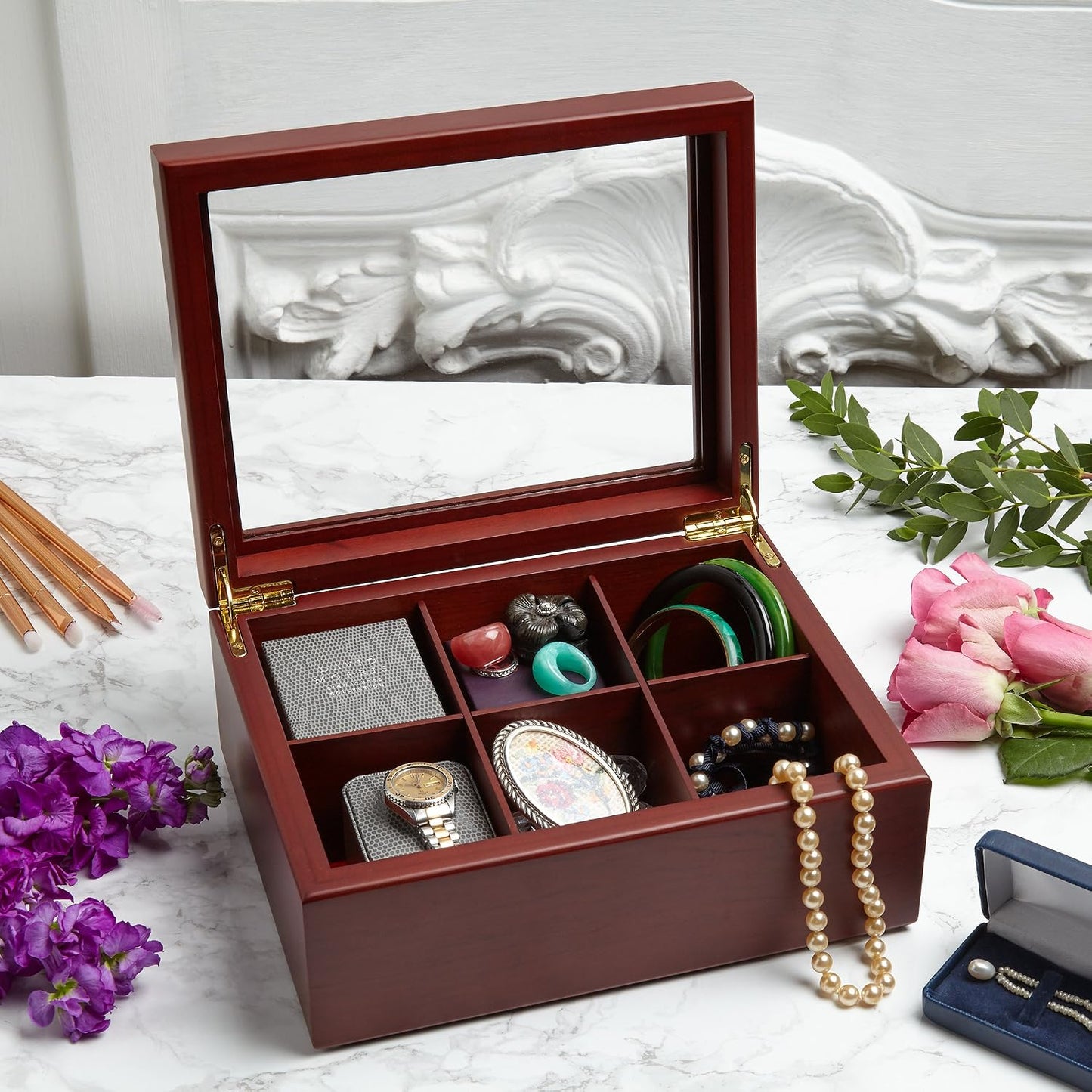 Tea Box - Luxury Wooden Tea Bag Organizer from The Apace Premier Collection - 8 Compartment Tea Storage Chest Container - Elegantly Handmade w/Scratch Resistant Window