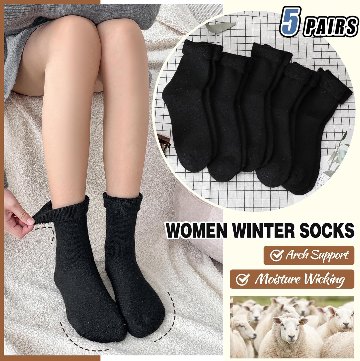 EBMORE 5 Pairs Women Merino Wool Boot Socks Warm Thermal Winter Thick Hiking Cozy Cabin Crew Comfy Socks for Ladies