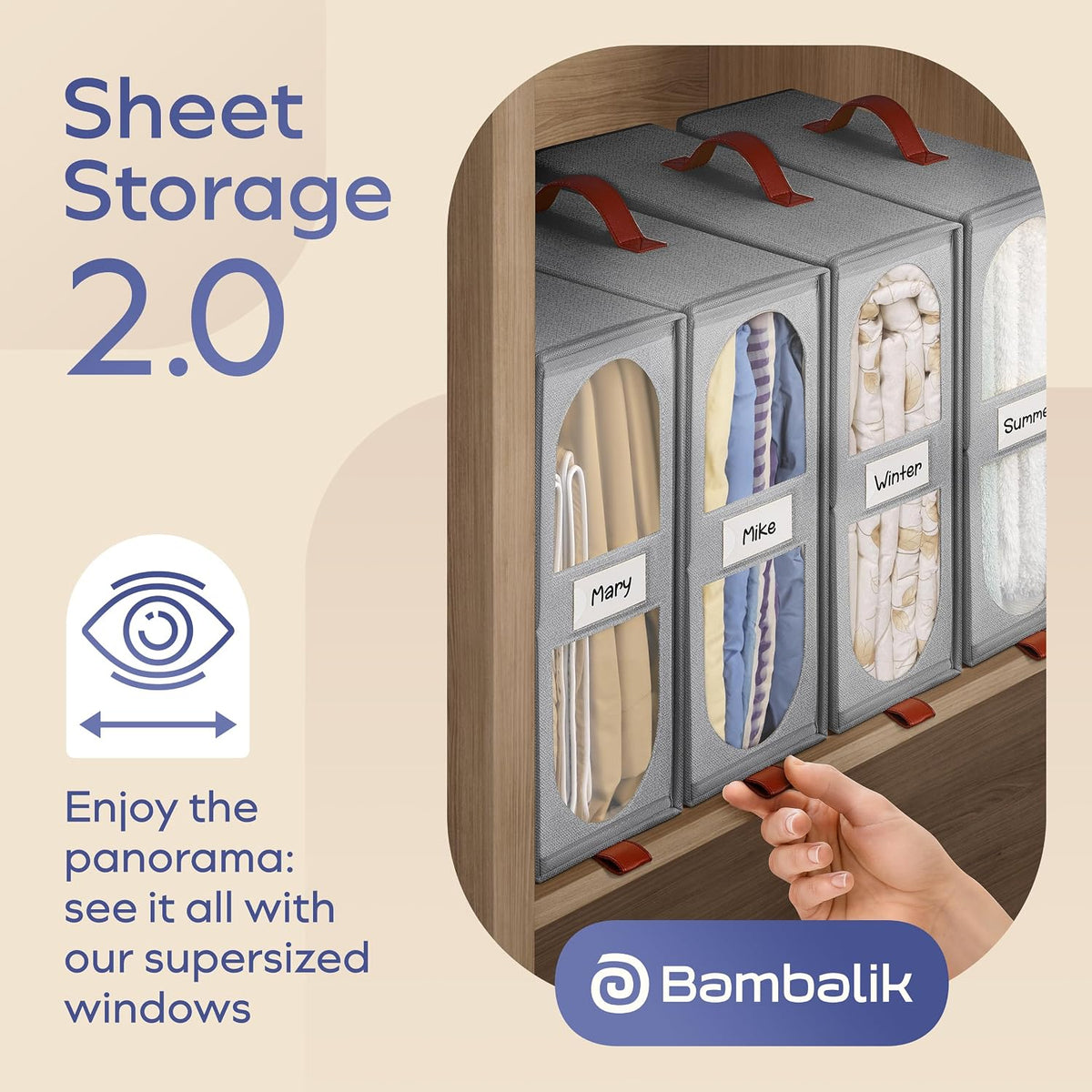 4x Bed Sheet Organizer Storage Boxes with Big See-Through Windows - Bedsheet Organizers Redesigned. Robust Bed Sheet Storage -15x13x5 in. Sheet Organizers Containers (Off-White)