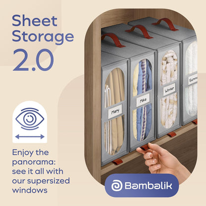 4x Bed Sheet Organizer Storage Boxes with Big See-Through Windows - Bedsheet Organizers Redesigned. Robust Bed Sheet Storage -15x13x5 in. Sheet Organizers Containers (Off-White)