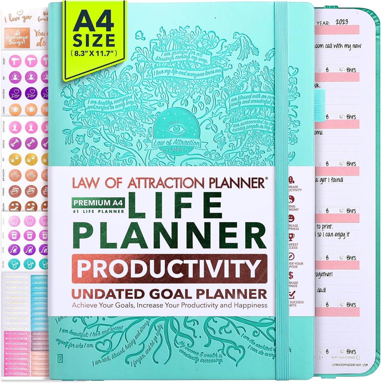 Life Planner - Undated Weekly & Monthly Planner, 12-Month Journey to Increase Productivity | Gratitude Journal, Life Organizer & Goal Journal | Include Foldable Vision Board, Habit Tracker & Stickers