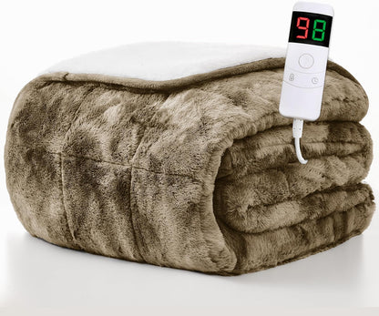 Homemate Heated Blanket Electric Throw - 50"x60" Heating Blanket Throw 1/2/4/6/8 Hours Auto-Off 10 Heat Levels Over-Heat Protection Luxury Faux Fur Sherpa ETL Certification