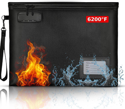 Premium Fireproof Document Bag With Lock Money Safe Bags Waterproof Zipper 6200 °F Fire Resistant Lockable Pouch Water Proof Small Portable Firesafe Organizer For Cash Phone Tablet USB Jewelry