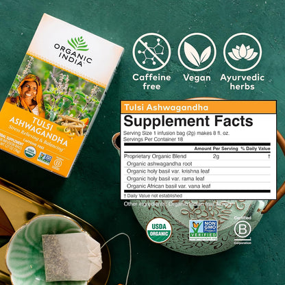 ORGANIC INDIA Calming Tulsi Ashwagandha Herbal, 18 Infusion Bags, 3 Pack