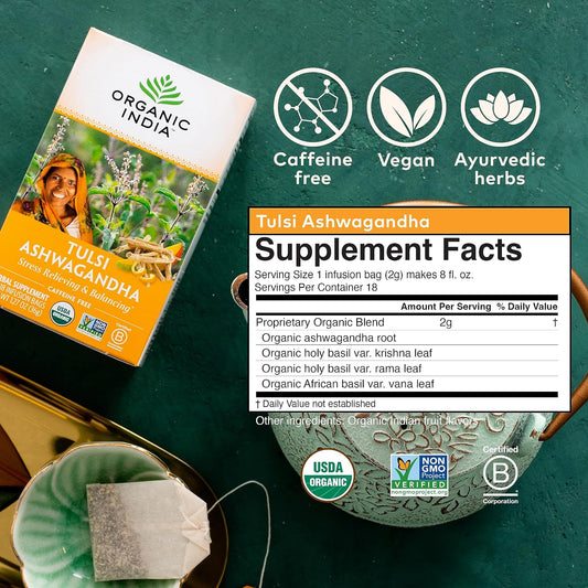ORGANIC INDIA Calming Tulsi Ashwagandha Herbal, 18 Infusion Bags, 3 Pack