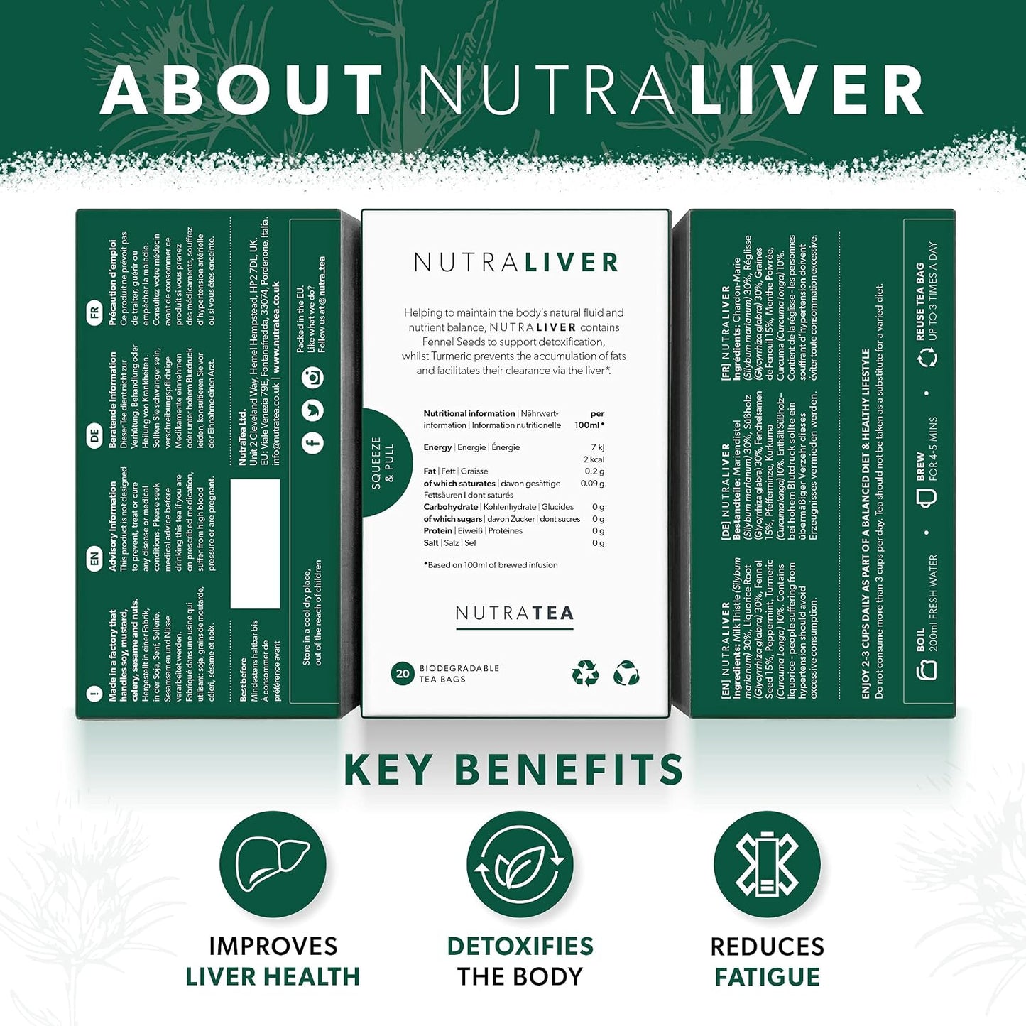 NUTRALIVER - Liver Detox & Cleanse Tea - Milk Thistle, Turmeric & Fennel - 40 Enveloped Tea Bags - Herbal Tea - 2 Pack