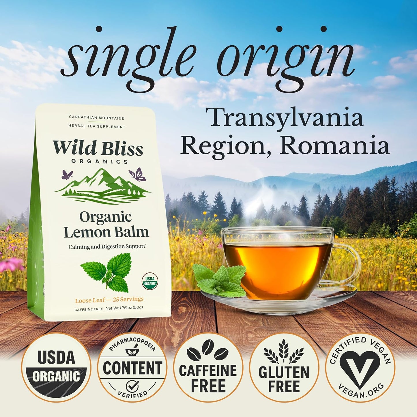 Organic Lemon Balm Tea - Caffeine Free Loose Leaf Herbal Tea - Pharmacopoeia Potency - 25 Servings