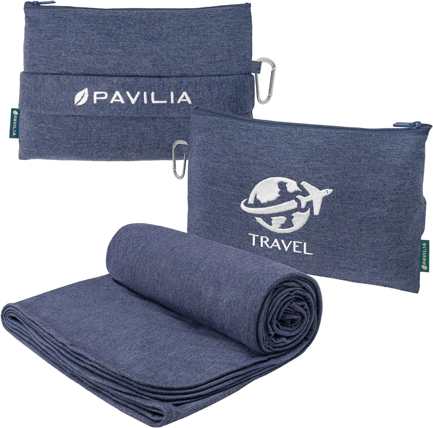 PAVILIA Travel Blanket Airplane Compact Pillow with Bag for Flights, Navy